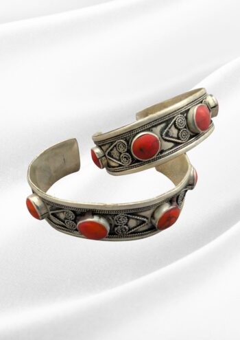 Noor Oxidized Silver Coral Cuff Bangles | Tribal Engraved Pair