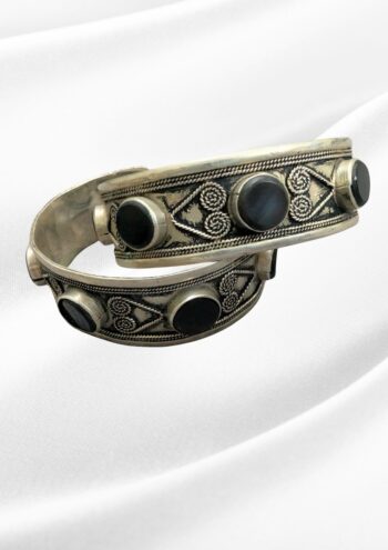 Ruba Oxidized Silver Onyx Cuff Bangles | Tribal Engraved Pair