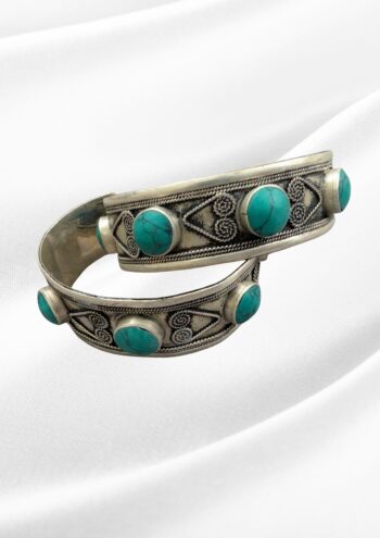 Yasmin Oxidized Silver Turquoise Cuff Bangles | Tribal Engraved Pair
