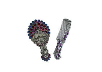 Morni Royal Peacock Enamel Mirror & Comb Set | Antique Silver Bridal Vanity Set