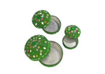 Sabz Set of 3 Mirror Work Beaded Storage Boxes | Green Sindhi Handcrafted Dibbi