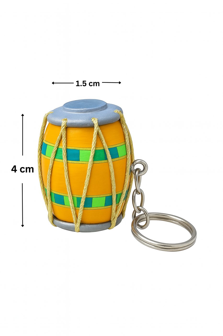 DO-DEC-033-dholak-miniature-drum-keychain-4cm-yellow-green-handcrafted-desi-keyring