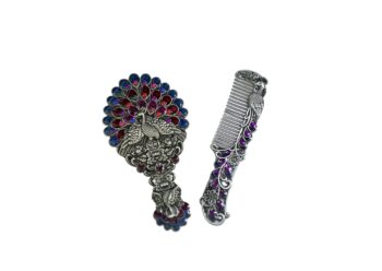 Morni Royal Peacock Enamel Mirror & Comb Set | Antique Silver Bridal Vanity Set