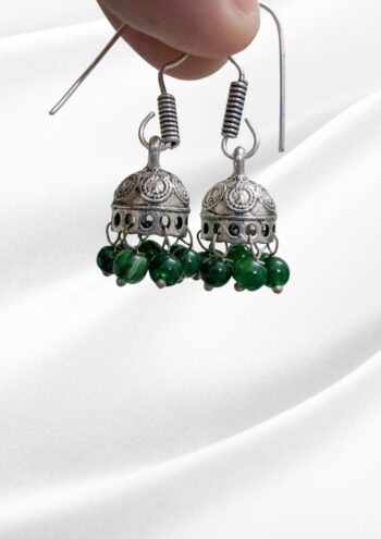 Noorie Oxidized Silver Mini Jhumka Earrings | Green Bead Danglers