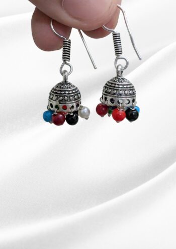 Rangoli Oxidized Silver Multicolor Bead Mini Jhumka Earrings