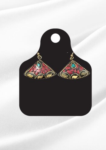 Zoya Afghan Coral-Turquoise Oval Mosaic Earrings | Antique Gold Tribal