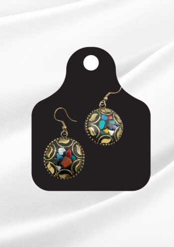 Saba Afghan Turquoise-Red Round Heart Mosaic Earrings | Antique Gold Tribal