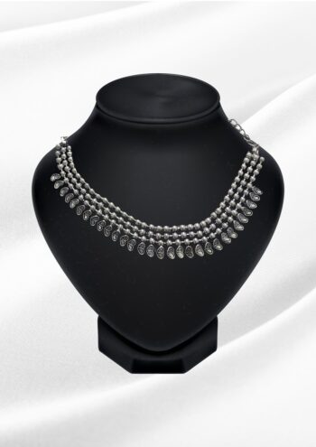 Areeba Oxidized Silver Layered Bead Choker | Boho Leaf Drop Necklace