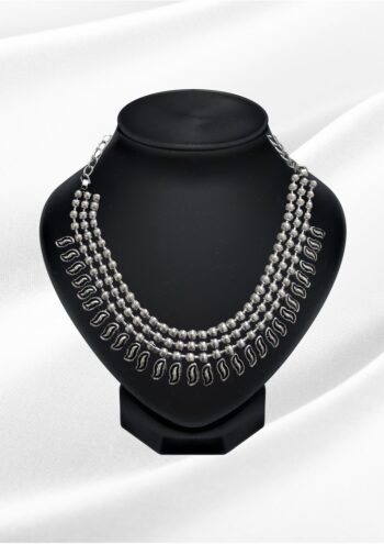 Mahira Oxidized Silver Triple Layer Bead Choker | Paisley Drop Necklace