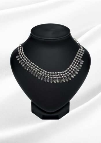 Areeba Oxidized Silver Layered Bead Choker | Boho Leaf Drop Necklace