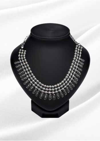 Mahira Oxidized Silver Triple Layer Bead Choker | Paisley Drop Necklace